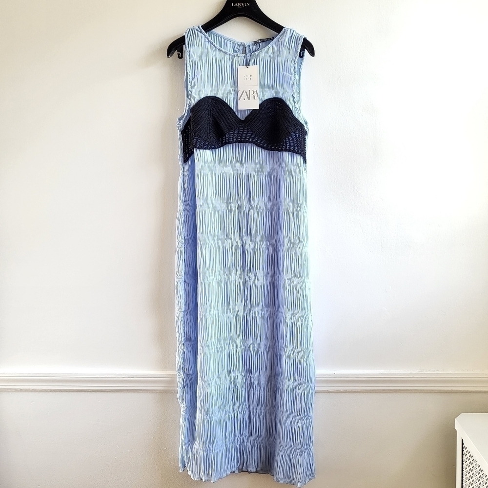 Zara Pleated Crocheted Grecian Crinkle Flowy Maxi Dress NWT Size Small - Picture 12 of 16